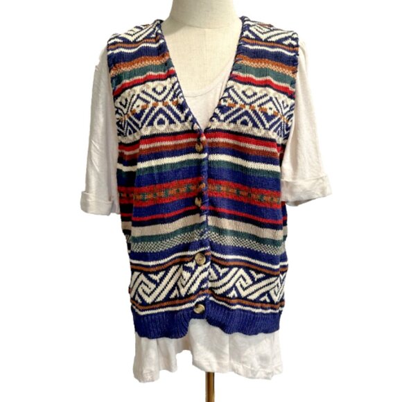 VTG CottageCore Women's P/M Striped Sweater Vest Funky Bright Fair Isle Aztek - Picture 2 of 9